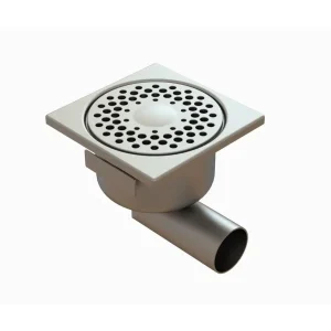 Siphon en acier inox avec prise de terre 150 x 150 mm sortie latérale Ø 50 mm