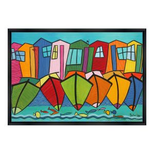 Tableau Poissons Maisons Bateaux Martine Gonnin 88×128 cm