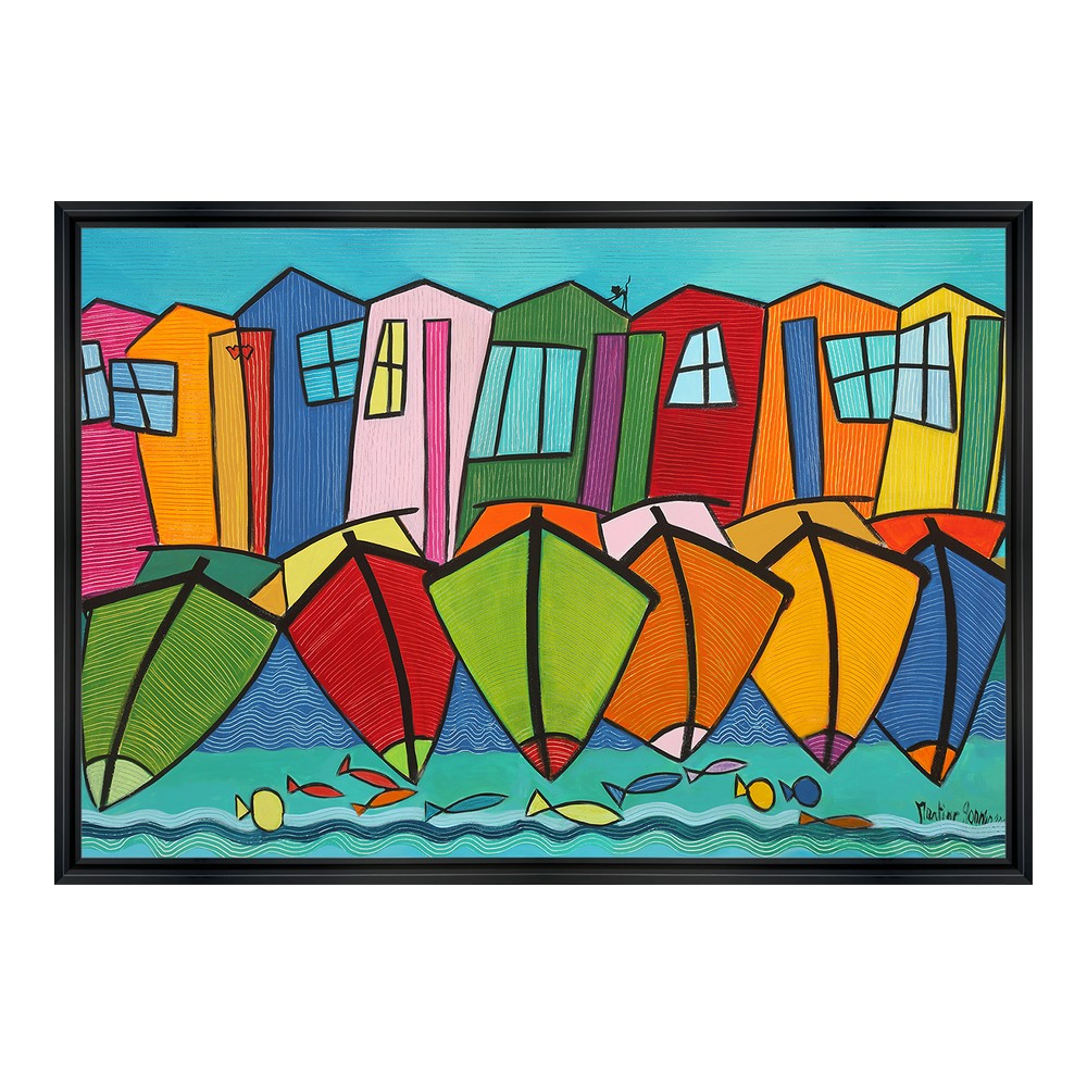 Tableau Poissons Maisons Bateaux Martine Gonnin 88×128 cm