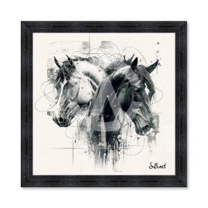 Tableau Sylvain Binet Chevaux Doubles NB 53x53cm